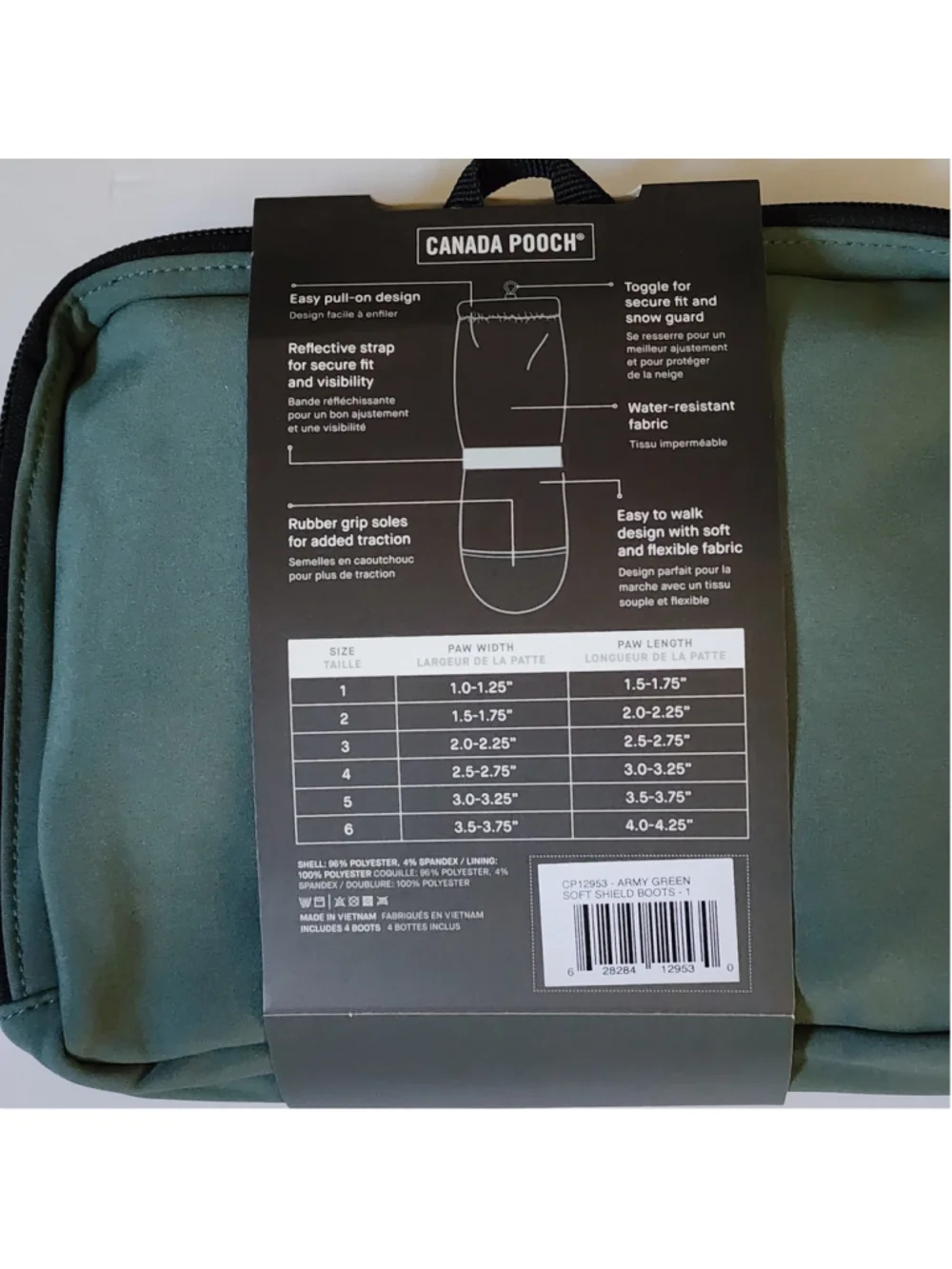 Canada Pooch Soft Shield Dog Boots Army Green Size 1 New In Case Water Resistant